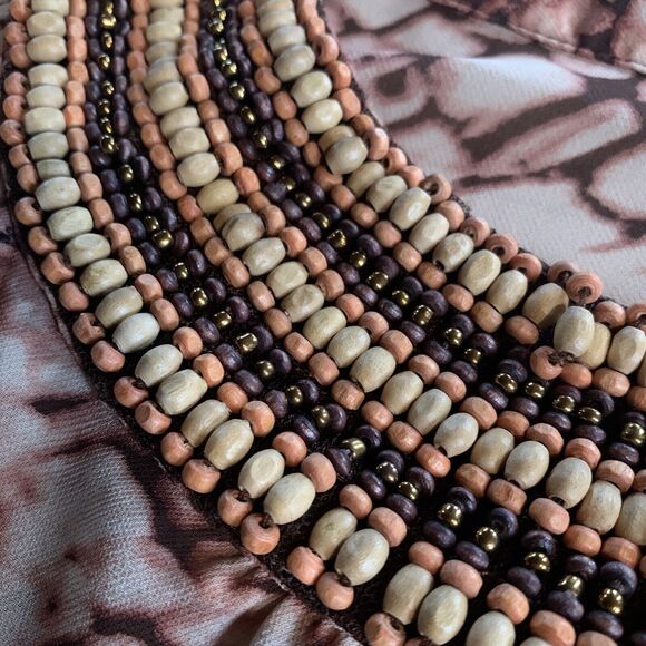 Kenar Sleeveless Top Brown Snakeskin Print Heavily Wood Beaded Neckline XL - Picture 5 of 9